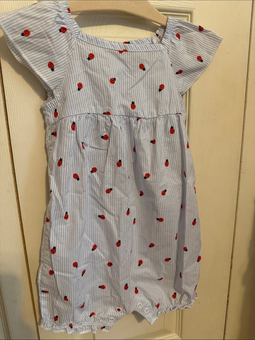 Carter's Blue & Red Striped one piece with Ladybug Motif